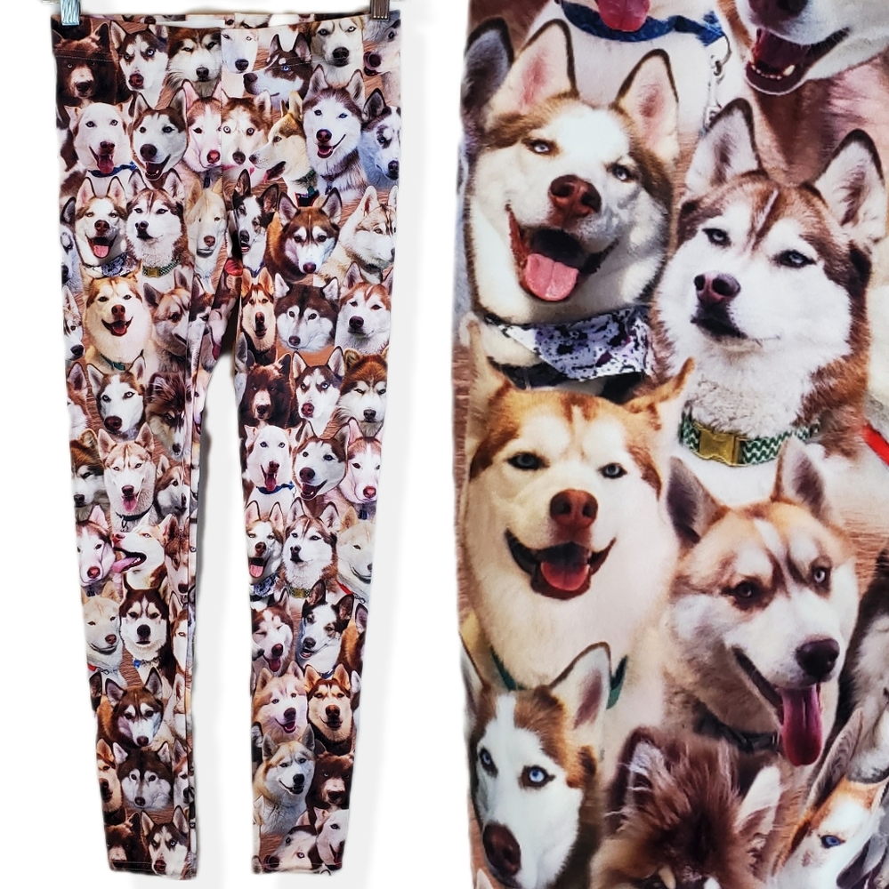 Womens Happy Husky Dogs Allover Leggings Size S Athletic Sports Workout Pants